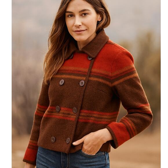 Talbots Petites SZ PS 100% Wool Brown Red Color Blocked Cropped Button Up Blazer - Picture 1 of 5